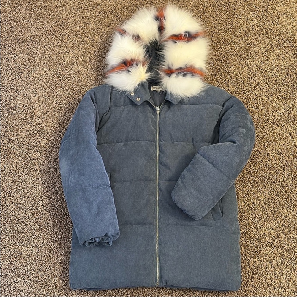 Molly Bracken Corduroy Puffer Jacket with Striped Faux Fur Hood